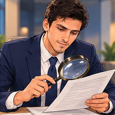 Ali reviewing billing reports with a magnifying glass