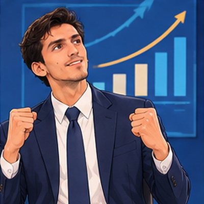 Ali in front of a rising results chart