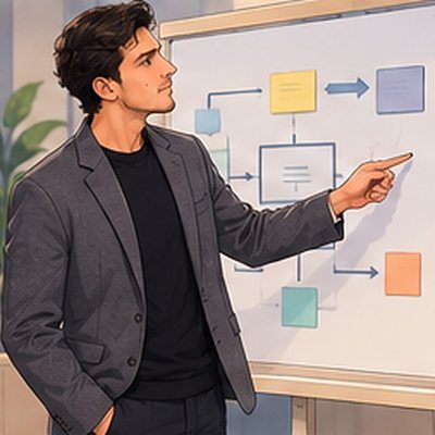 Ali presenting a plan on a whiteboard